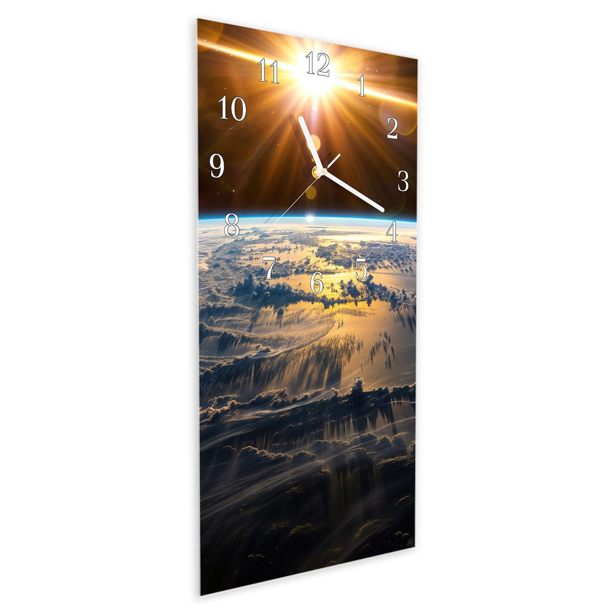 Vormontiert – mit Schwebeeffekt – Wanduhr Sonnenaufgang & Erde aus Glas – Hochformat 30 × 60 cm