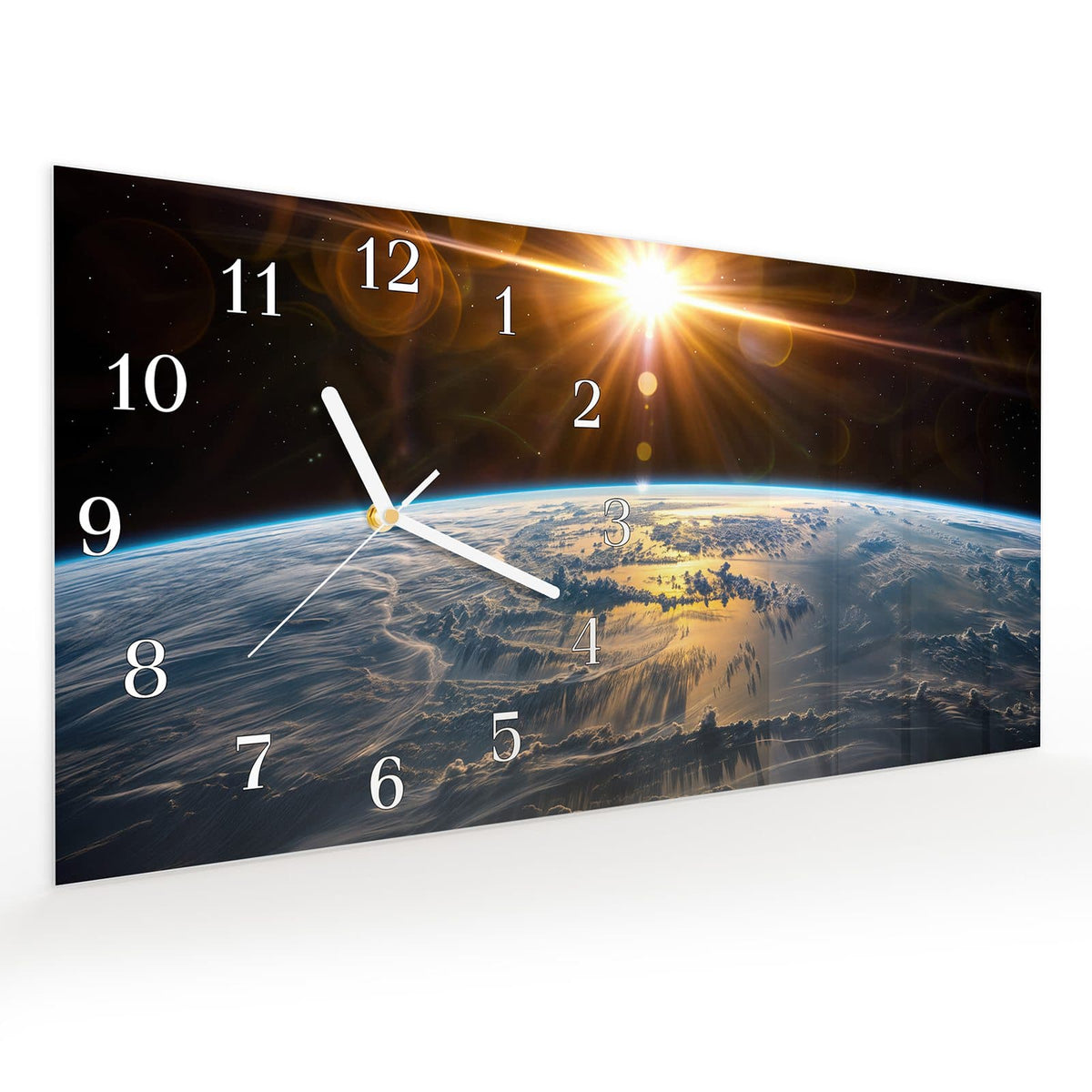 Vormontiert – mit Schwebeeffekt – Wanduhr Sonnenaufgang & Erde aus Glas – Querformat 60 × 30 cm