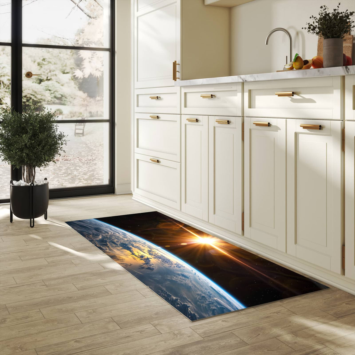 Waschbarer Küchenläufer mit Motiv Sonnenaufgang Erde in heller Küche für angenehme Haptik