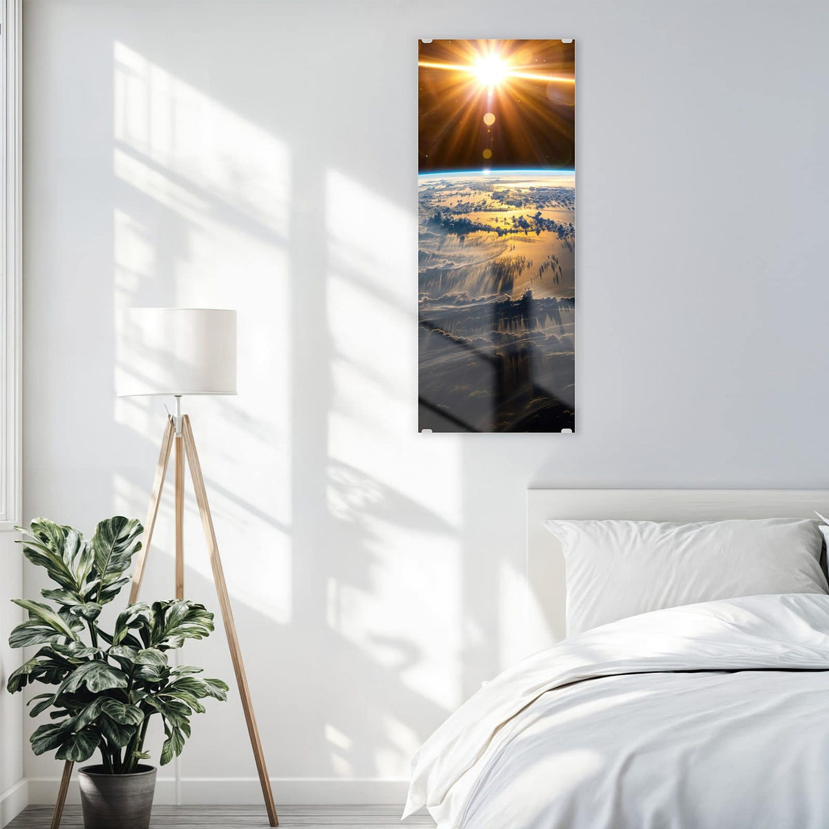 Glasbild Goldener Sonnenaufgang an der Wand – Sonne bricht als goldener Stern über der Erdkrümmung hervor, Wolkendecke darunter