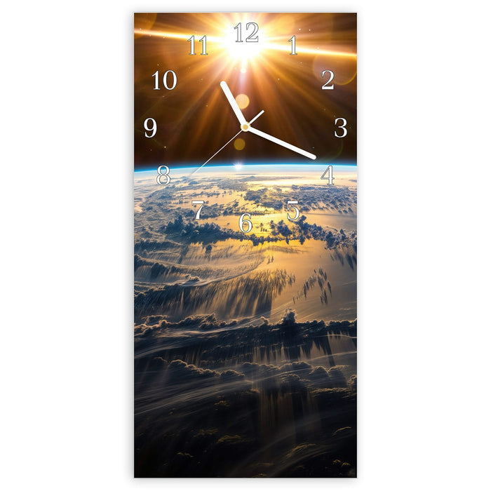 Wanduhr Sonnenaufgang & Erde aus Glas – Hochformat 30 × 60 cm mit Ziffernblatt Klassisch
