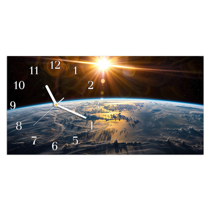 Wanduhr Sonnenaufgang & Erde aus Glas – Querformat 60 × 30 cm mit Ziffernblatt Klassisch