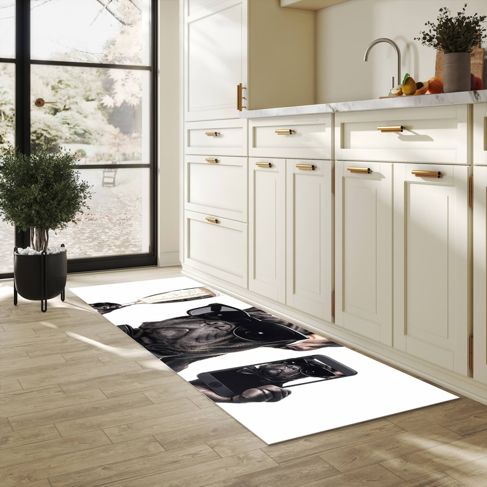 Zeitsparender großer Küchenteppich mit Motiv Sonnenbrillenhund in heller Küche
