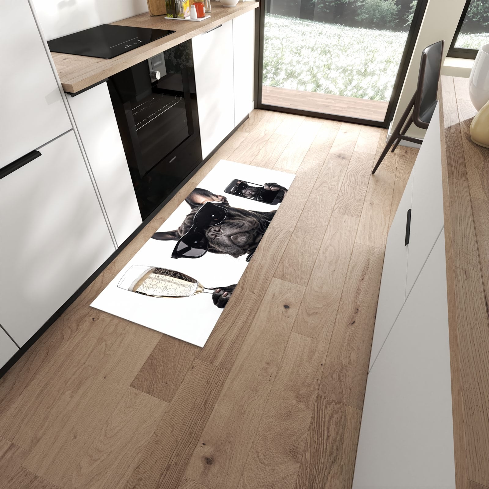 Farbbeständiger Teppichläufer mit Motiv Sonnenbrillenhund in moderner Küche #grösse_60 x 150 cm