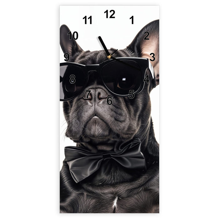 Wanduhr Sonnenbrillenhund aus Glas – Hochformat 30 × 60 cm mit Ziffernblatt Modern