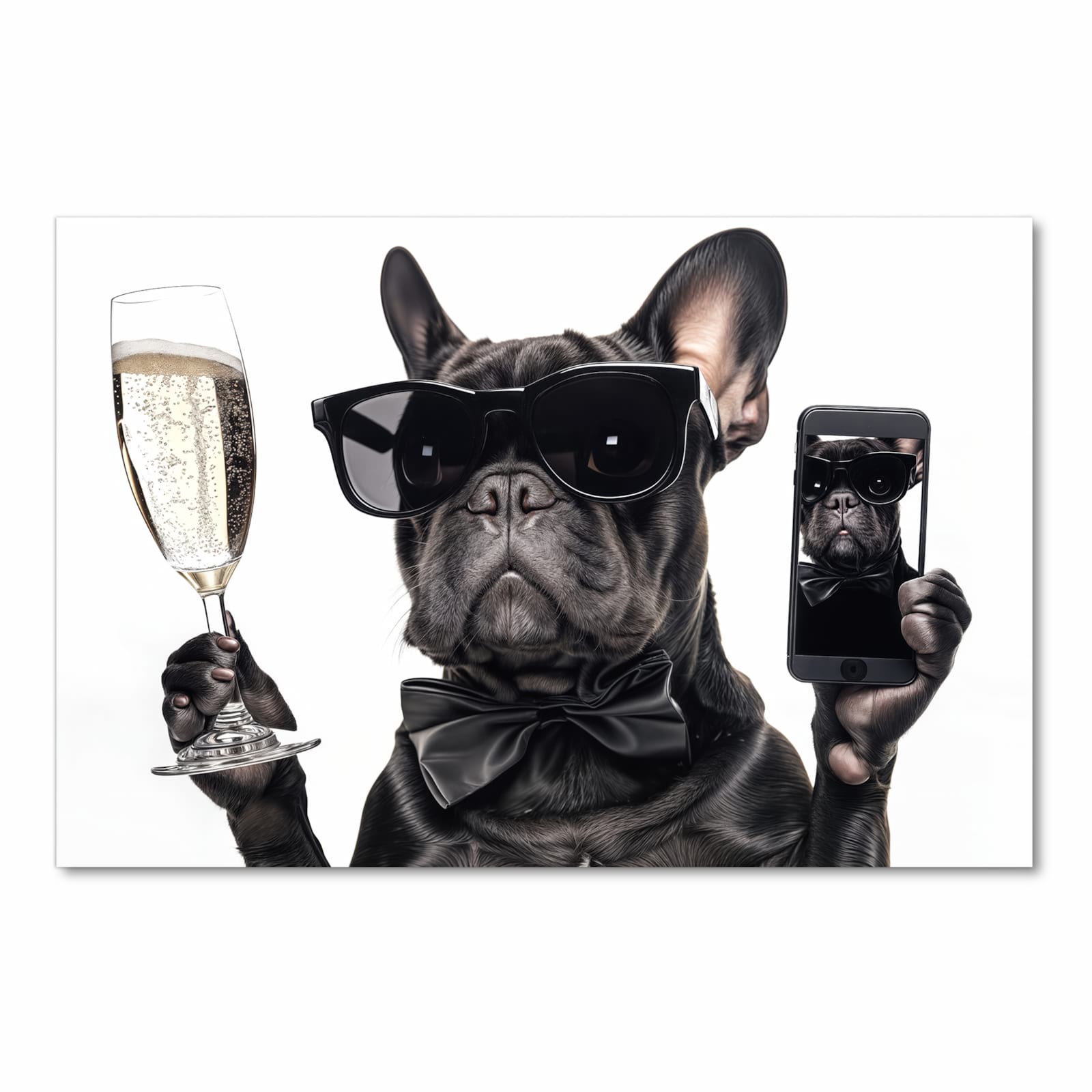 Bodenschonender Küchenteppich mit Motiv Sonnenbrillenhund in Frontansicht