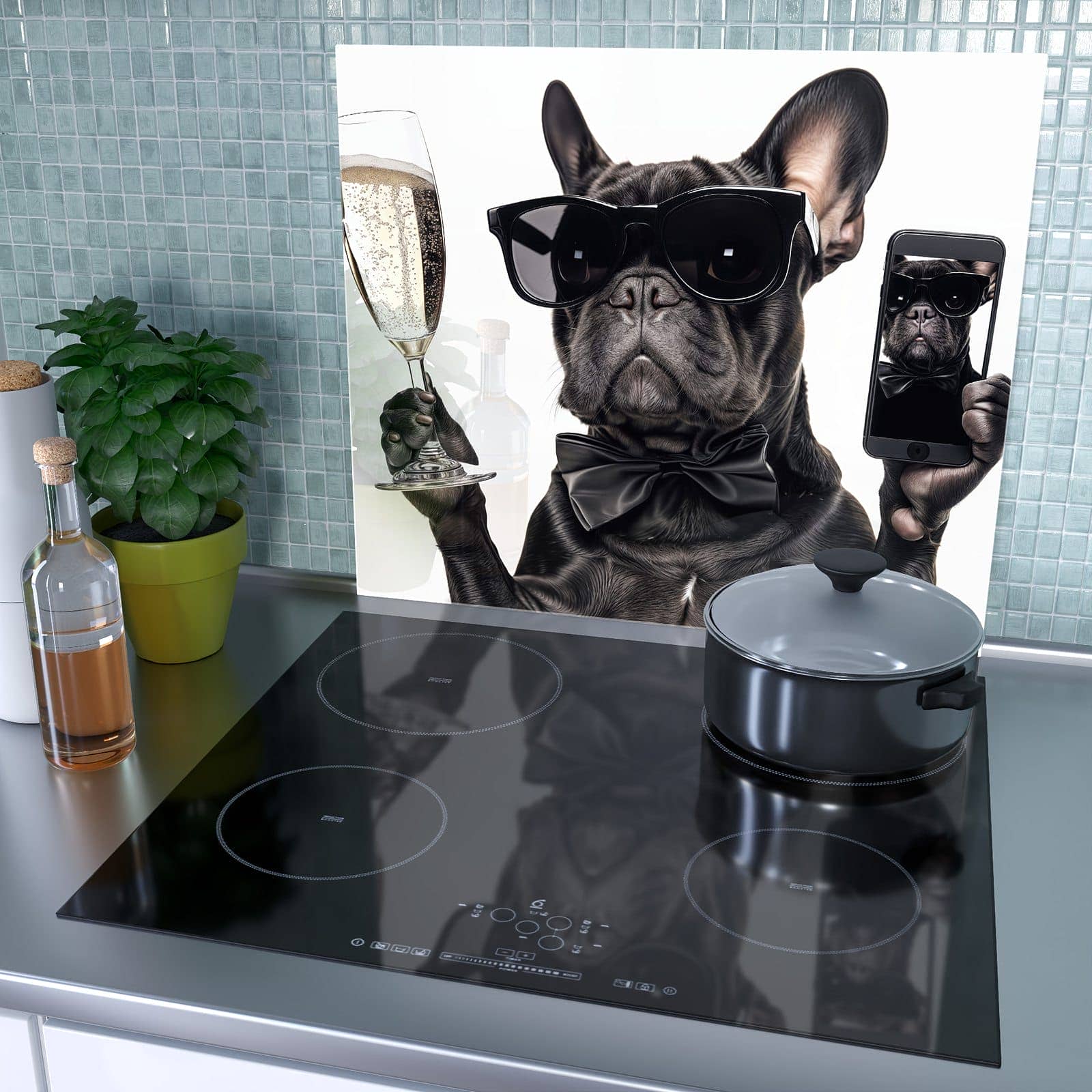 1-teilige Herd Schutzplatte mit Sonnenbrillenhund-Motiv als Spritzschutz hinter dem Kochfeld