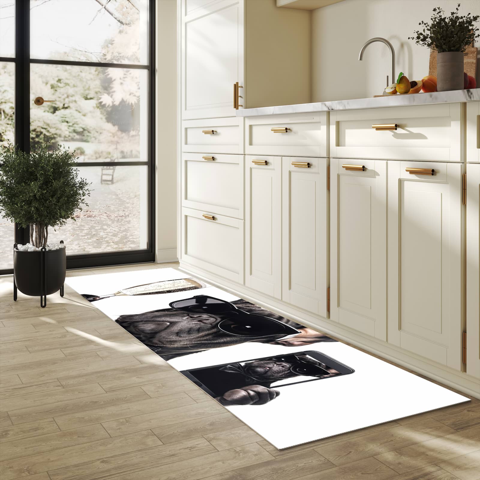 Geräuschdämpfender rutschfester Küchenteppich mit Motiv Sonnenbrillenhund in heller Küche