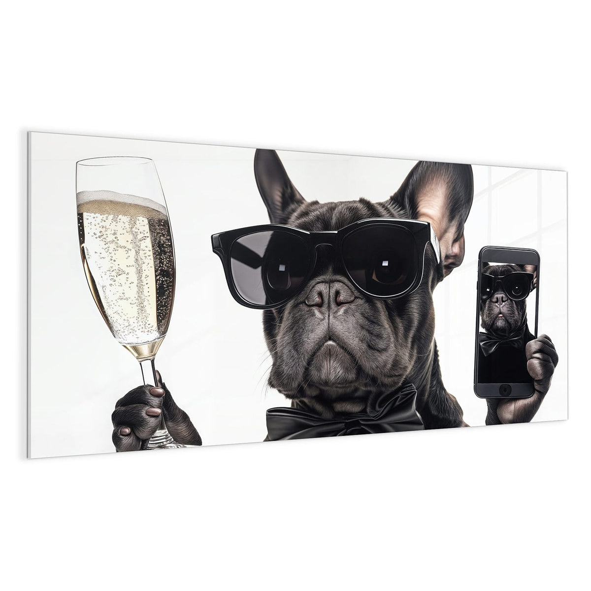Französische Bulldogge mit schwarzer Sonnenbrille und Fliege, hält Sektglas und Smartphone