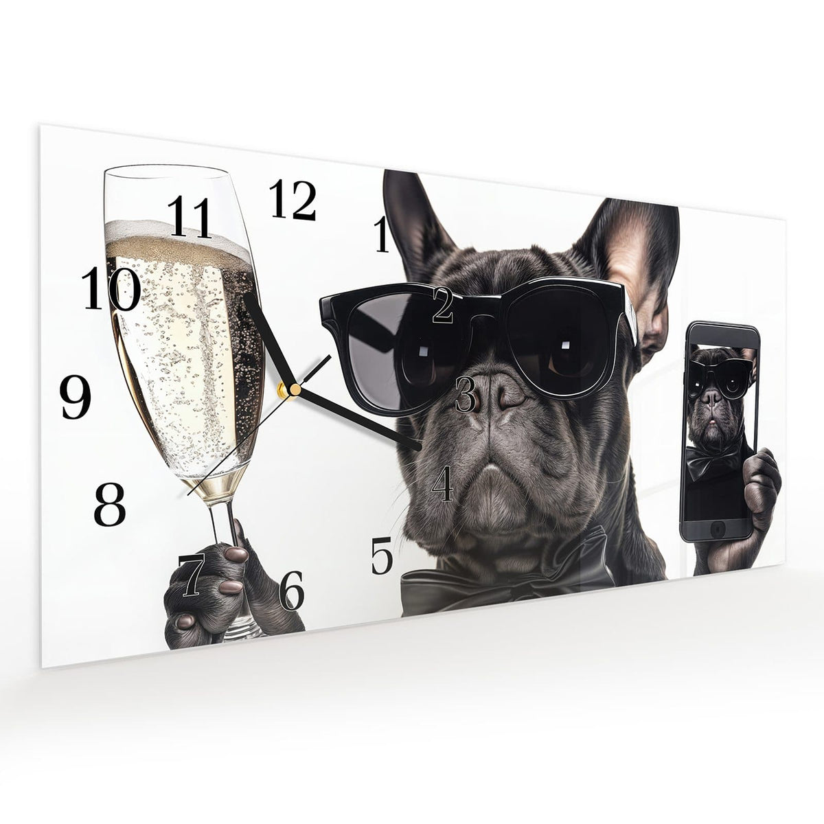 Vormontiert – mit Schwebeeffekt – Wanduhr Sonnenbrillenhund aus Glas – Querformat 60 × 30 cm