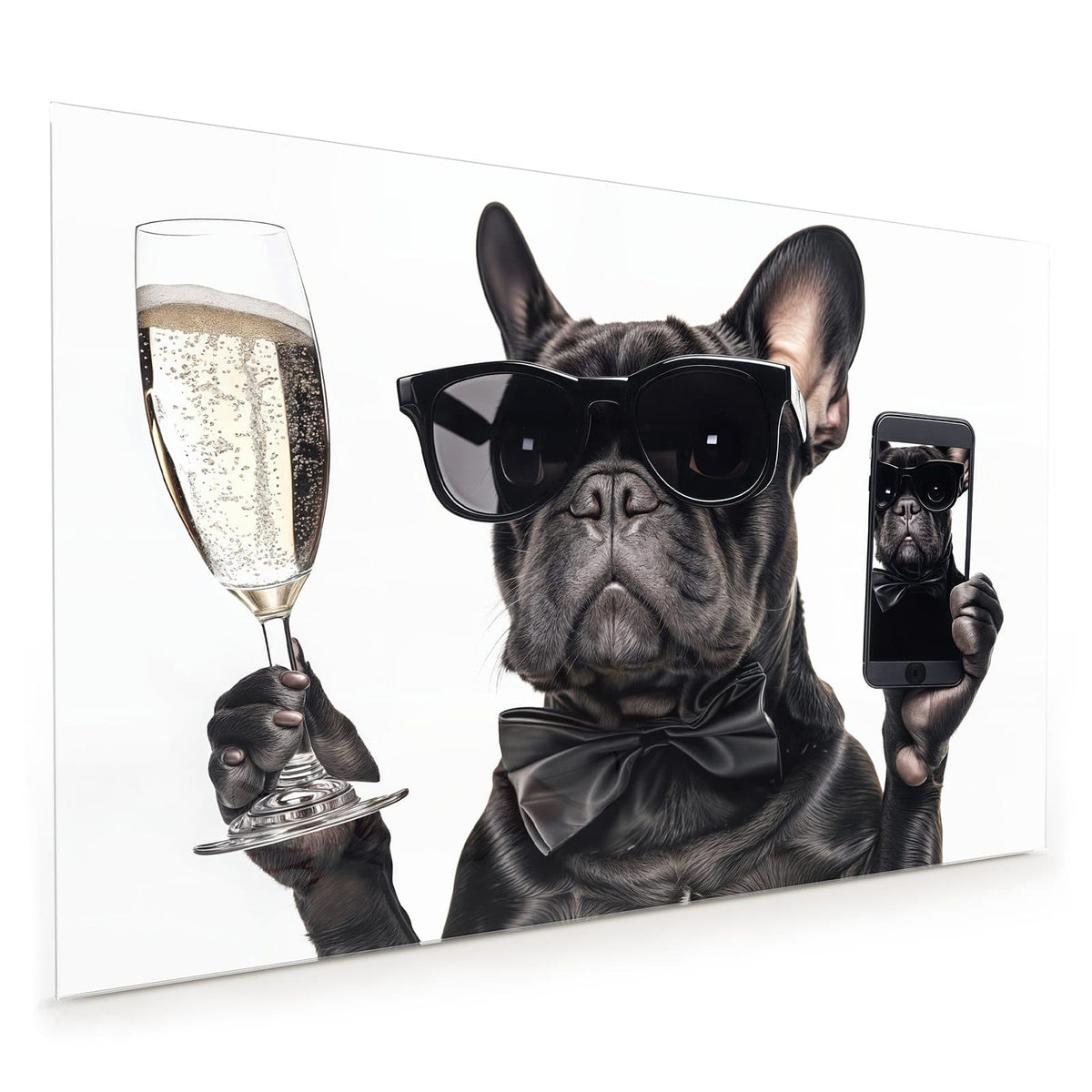 Küchenrückwand aus Glas im Hochformat mit Motiv Hund mit Sonnenbrille: Französische Bulldogge mit schwarzer Sonnenbrille und Fliege