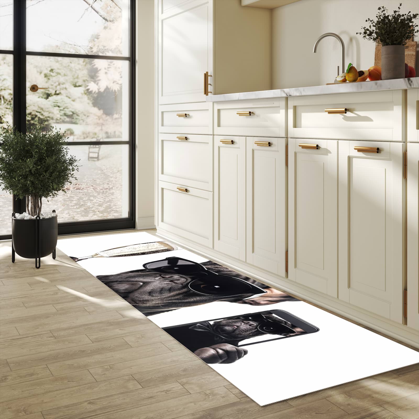 Abriebfester Küchenteppich mit Motiv Sonnenbrillenhund in heller Küche