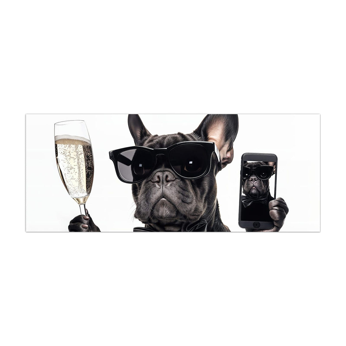 Küchenrückwand aus Glas Hund mit Sonnenbrille im Hochformat, Motiv bildfüllend von vorn