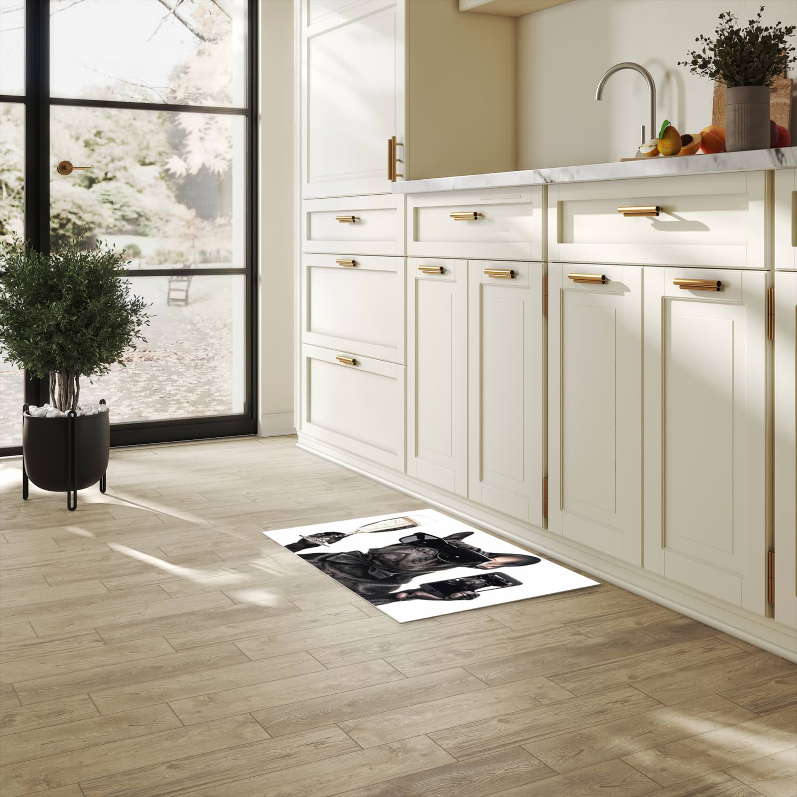 Formstabiler waschbarer Küchenteppich mit Motiv Sonnenbrillenhund in heller Küche