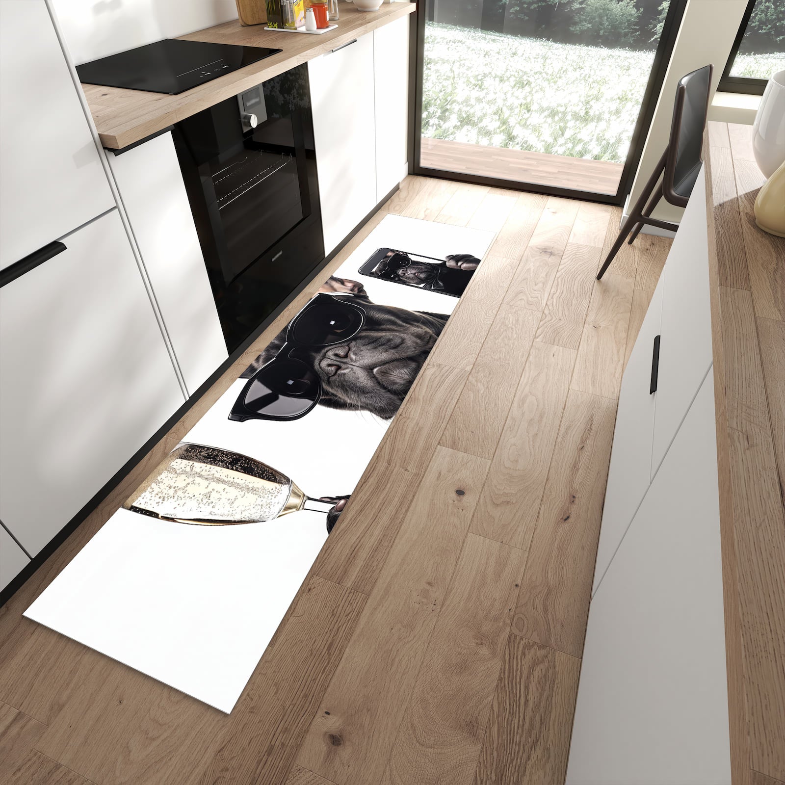 Waschbarer Küchenläufer mit Motiv Sonnenbrillenhund in moderner Küche für sichere Aufbewahrung