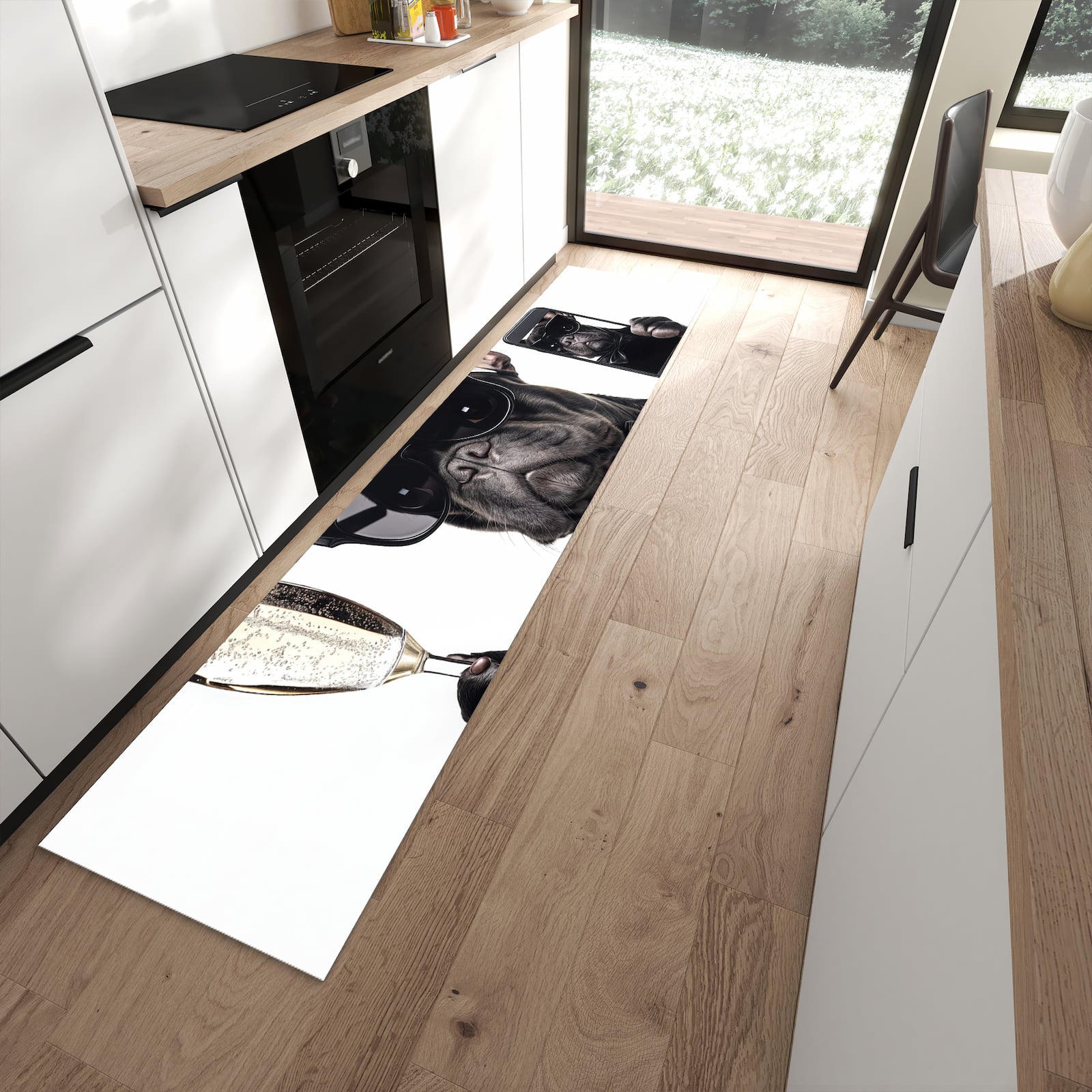 Zeitsparender langer Teppich mit Motiv Sonnenbrillenhund in moderner Küche