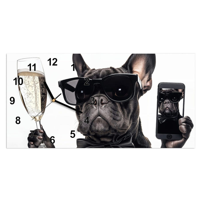 Wanduhr Sonnenbrillenhund aus Glas – Querformat 60 × 30 cm mit Ziffernblatt Modern