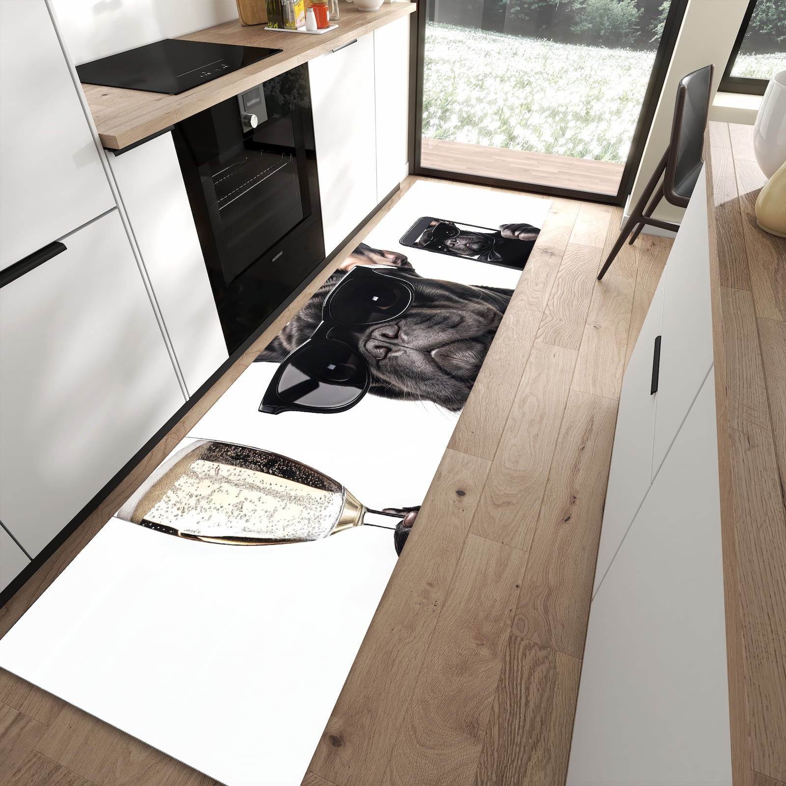 Fleckenresistenter waschbarer Teppich mit Motiv Sonnenbrillenhund in moderner Küche