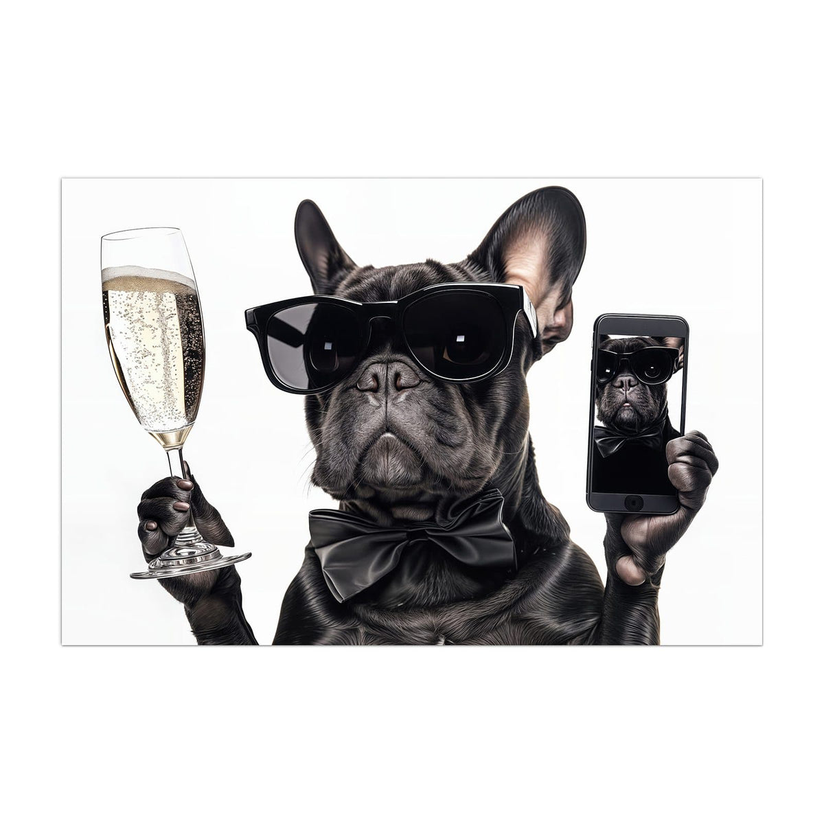 Küchenrückwand aus Glas Hund mit Sonnenbrille im Hochformat, Motiv bildfüllend von vorn