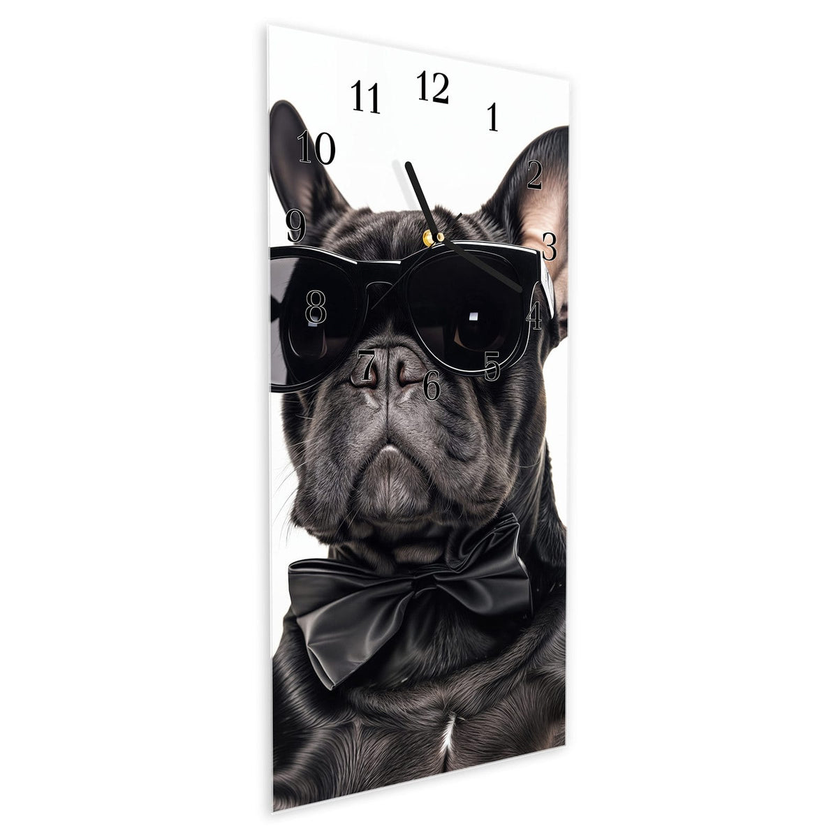 Vormontiert – mit Schwebeeffekt – Wanduhr Sonnenbrillenhund aus Glas – Hochformat 30 × 60 cm