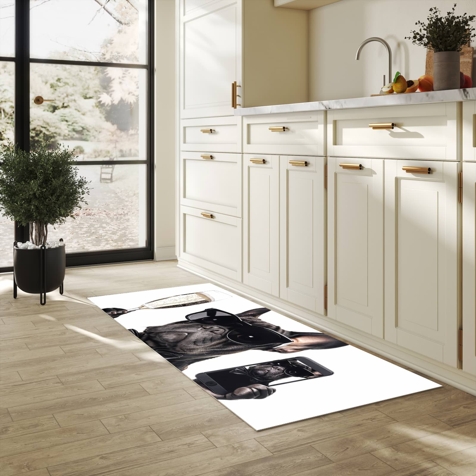 Waschbarer Küchenteppich mit Motiv Sonnenbrillenhund in heller Küche für sichere Aufbewahrung