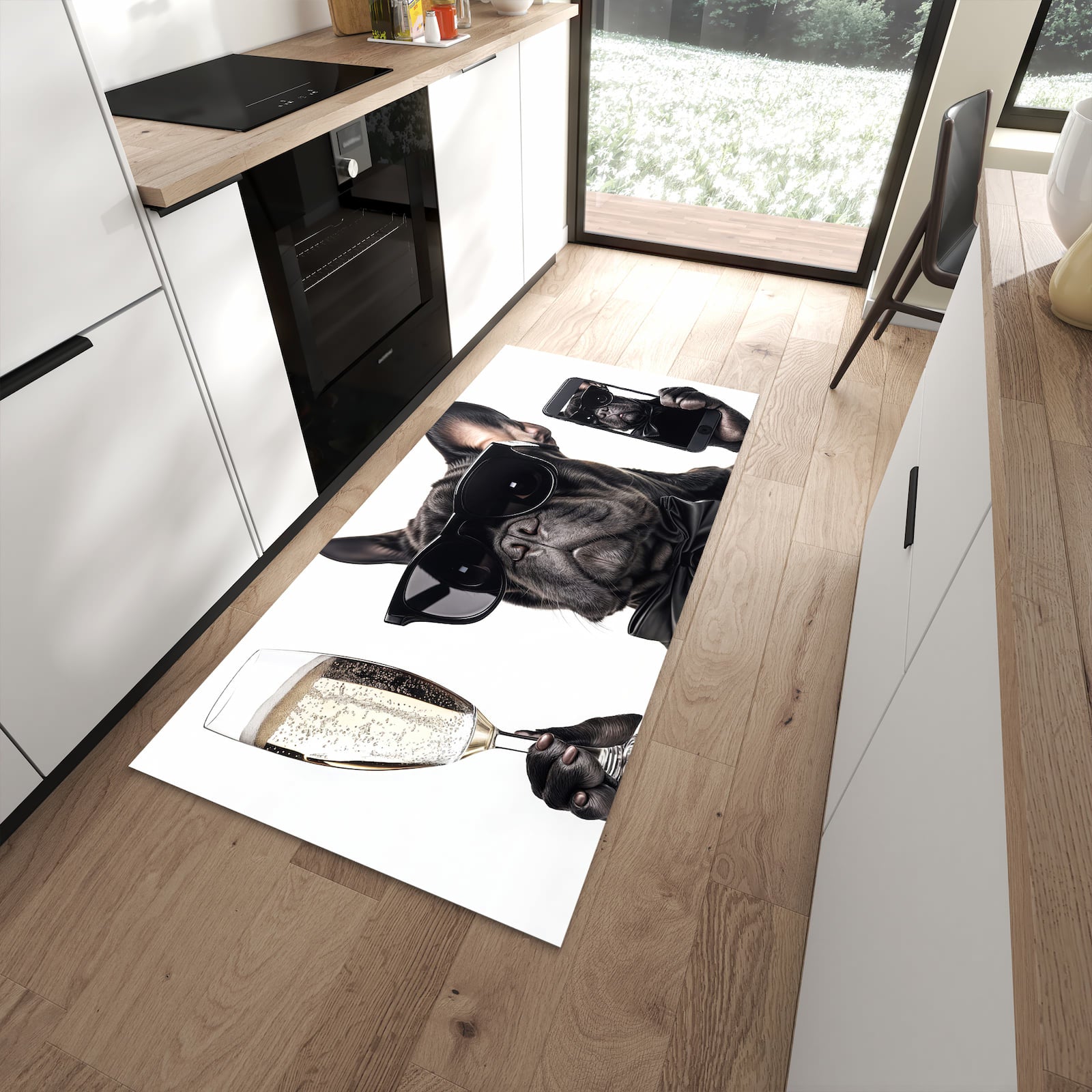 Schmutzabweisender Teppich für Esstisch mit Motiv Sonnenbrillenhund in moderner Küche