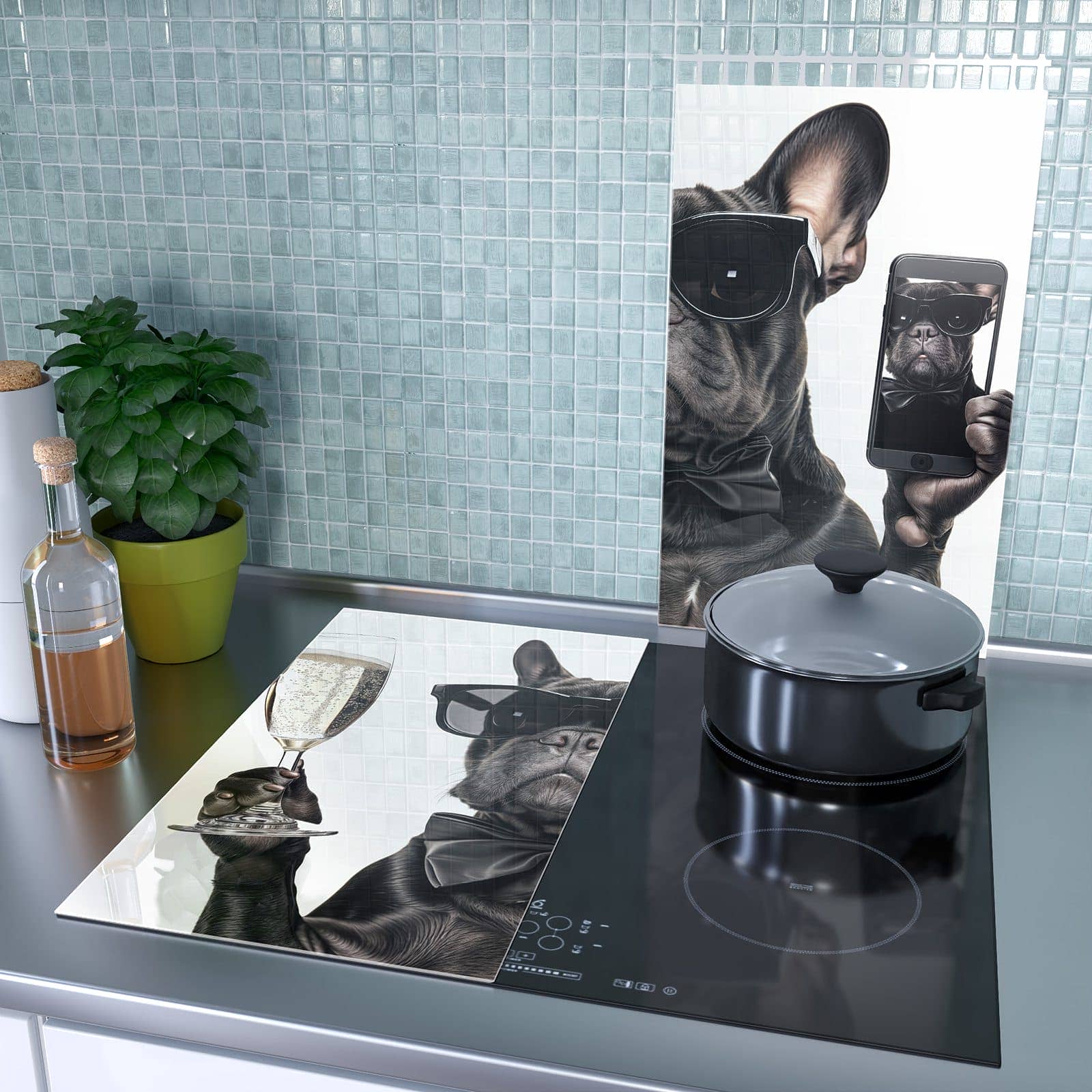 2-teilige Ceranfeld Abdeckplatten mit Sonnenbrillenhund-Motiv als Spritzschutz hinter dem Kochfeld