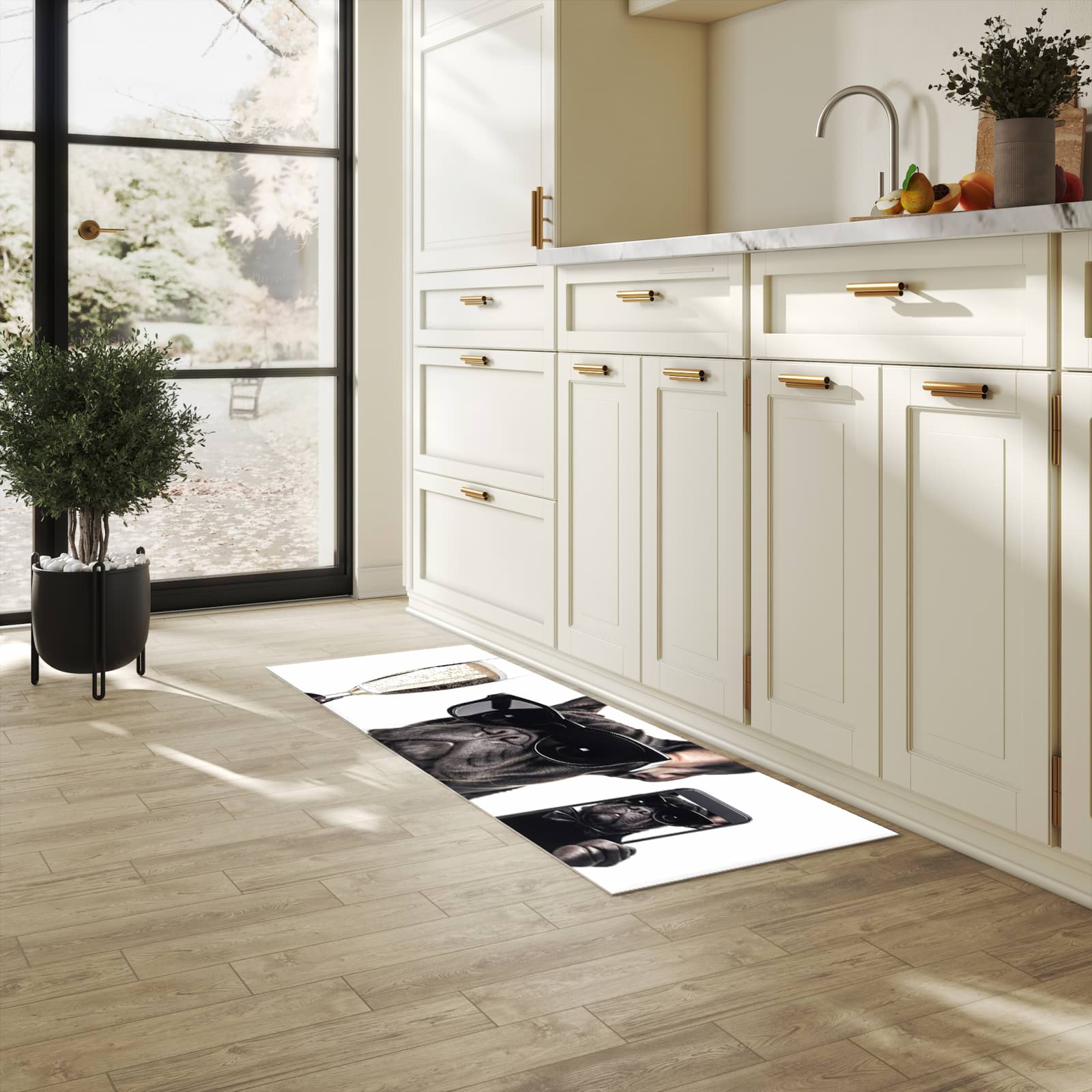 Bodenschonender Küchenteppich mit Motiv Sonnenbrillenhund in heller Küche