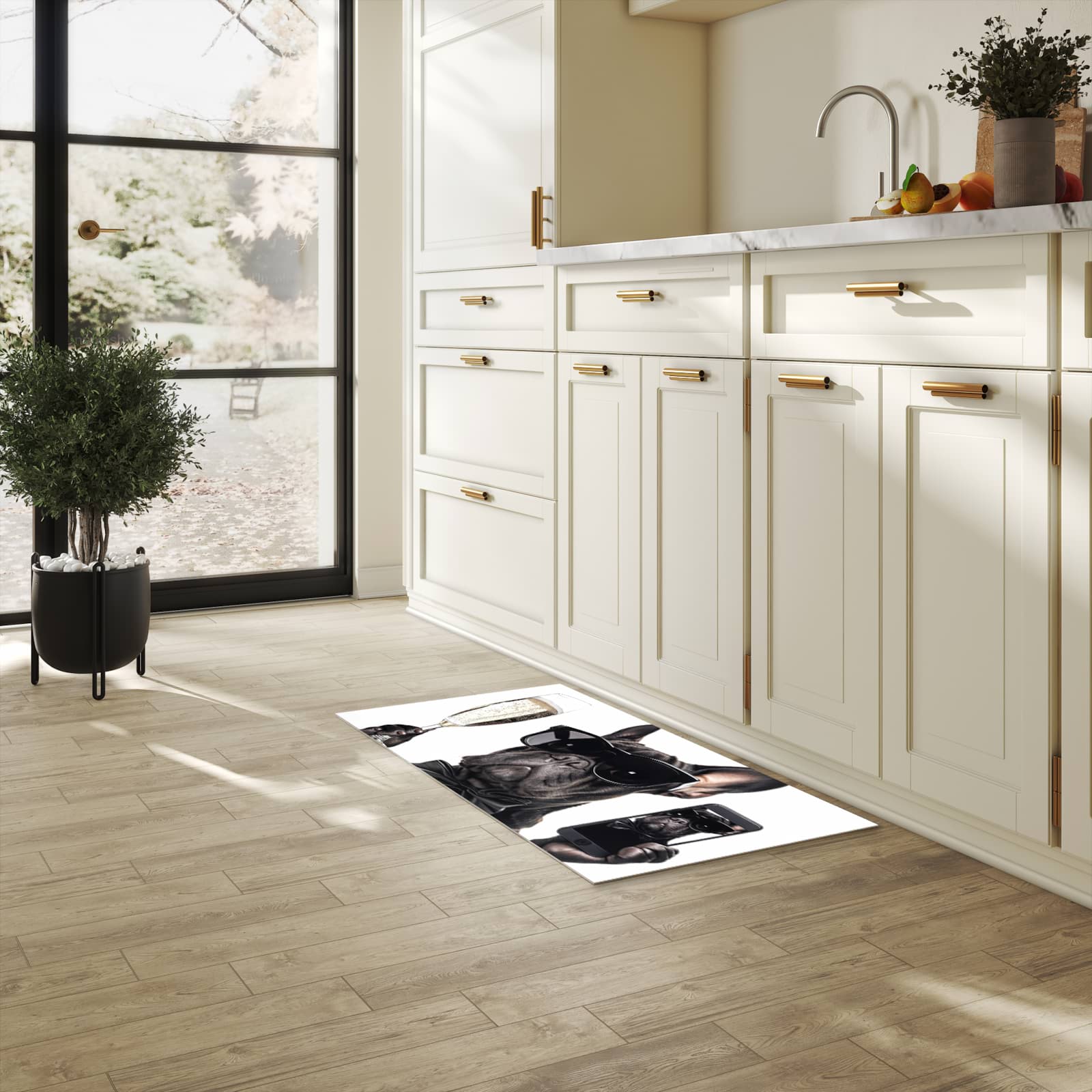 Rutschfester Bodenläufer-Teppich mit Motiv Sonnenbrillenhund in heller Küche