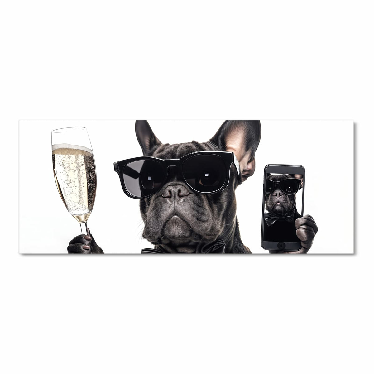 Französische Bulldogge mit schwarzer Sonnenbrille und Fliege, hält Sektglas und Smartphone