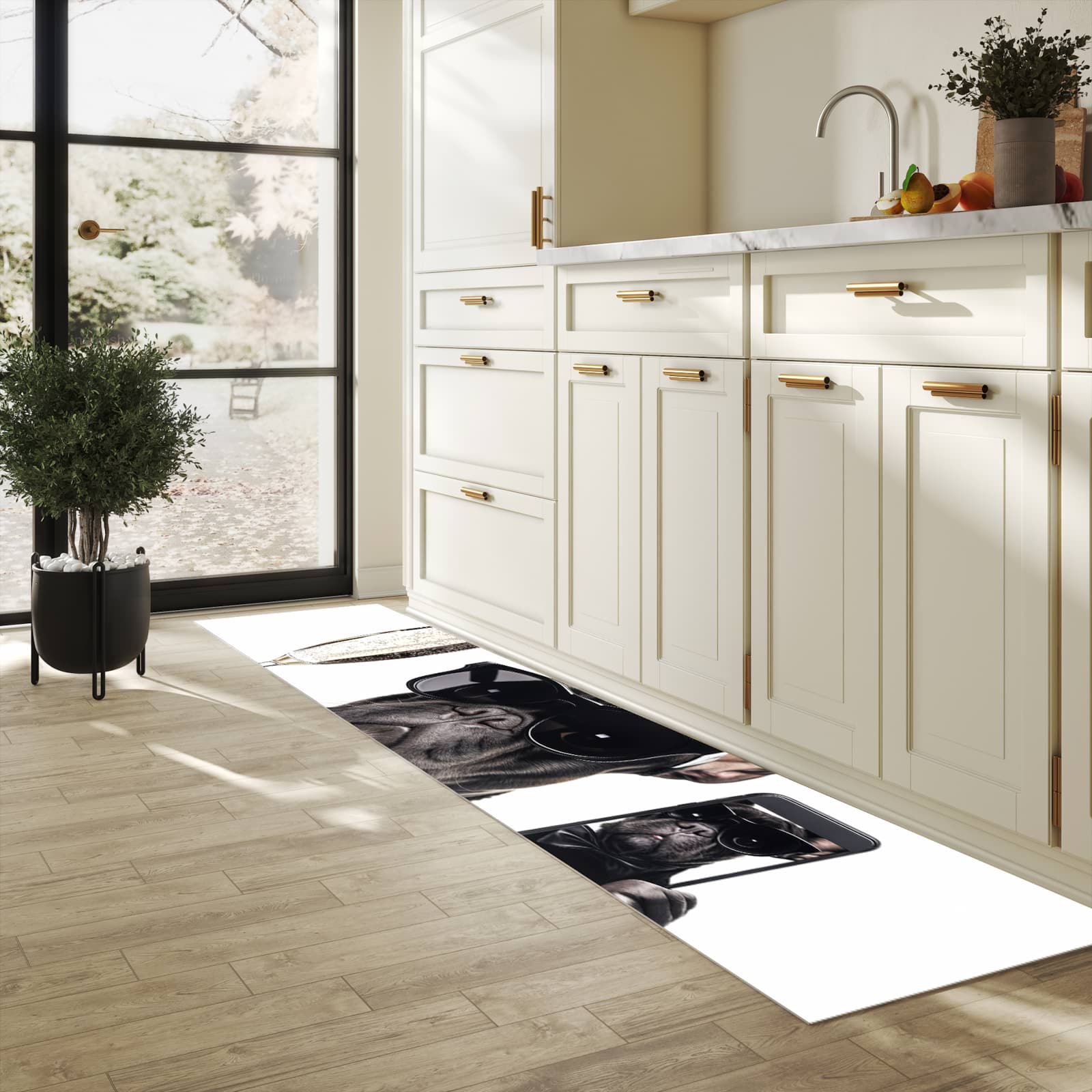 Farbbeständiger Küchenteppich mit Motiv Sonnenbrillenhund in heller Küche