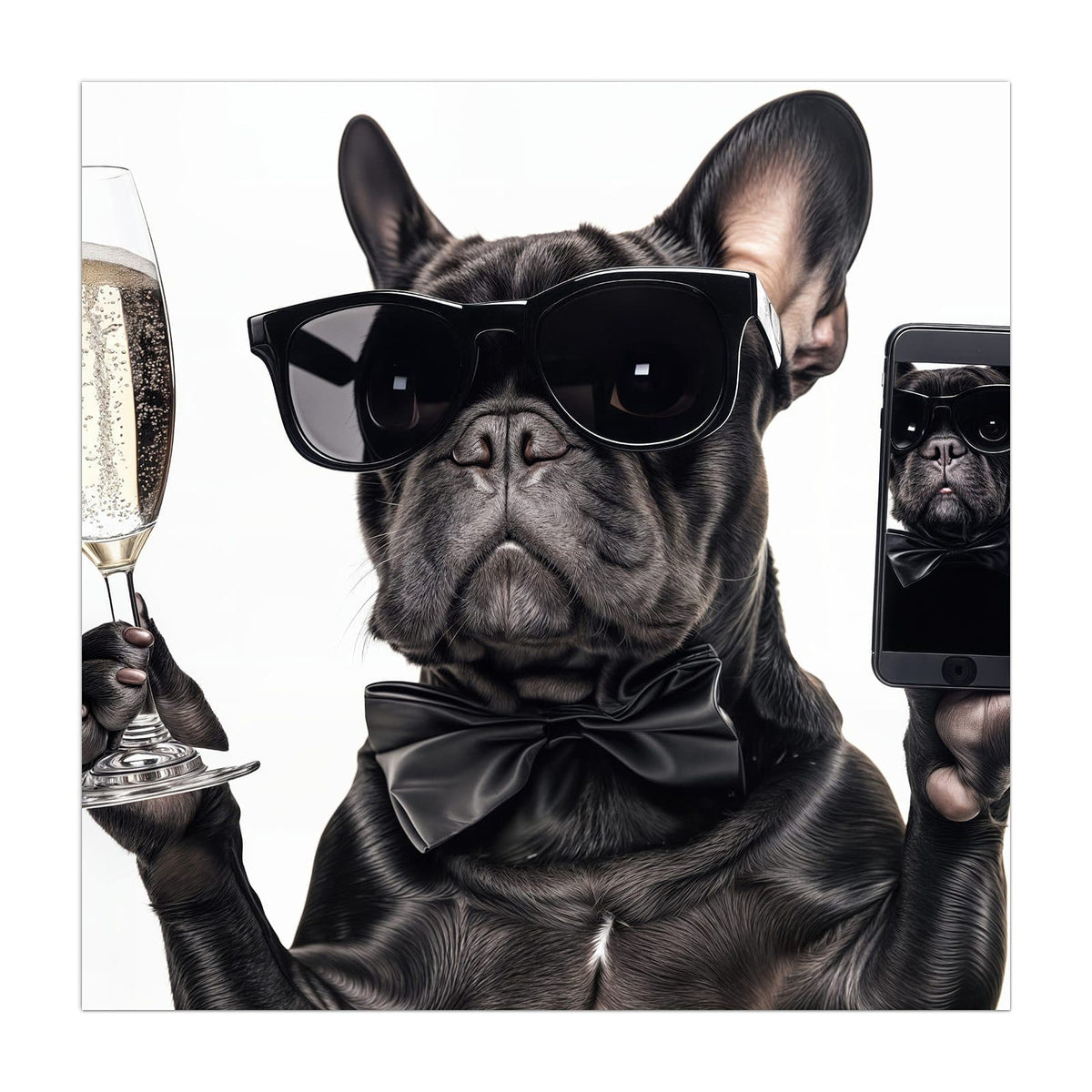 Französische Bulldogge mit schwarzer Sonnenbrille und Fliege, hält Sektglas und Smartphone