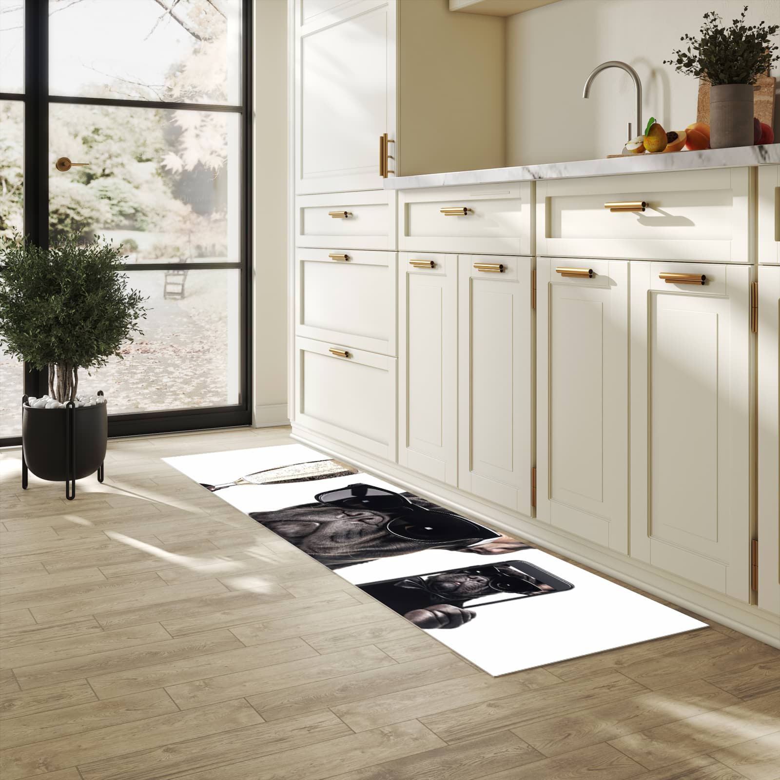 Küchenteppich mit Motiv Sonnenbrillenhund für Ordnung & Übersicht in heller Küche