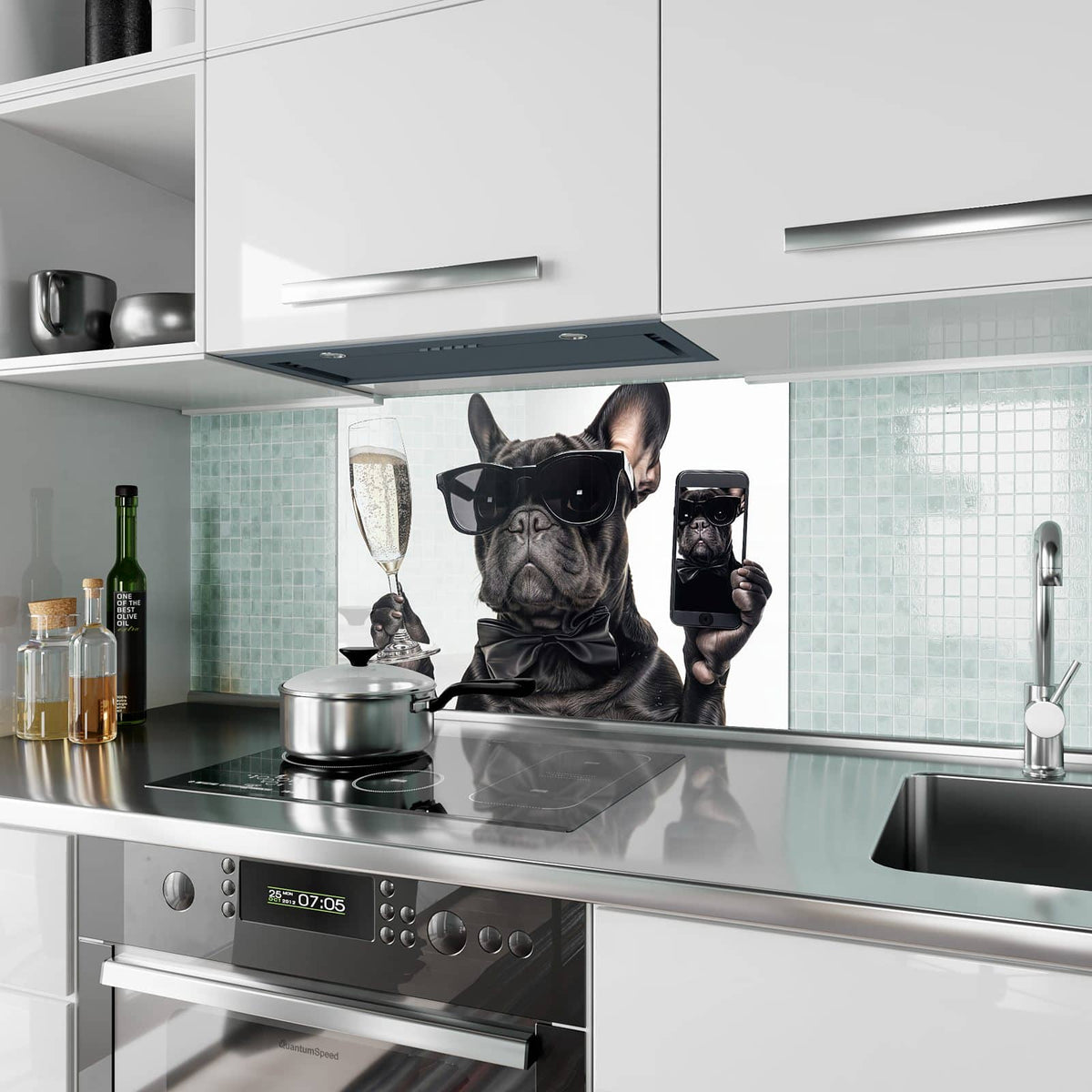 Küchenrückwand aus Glas Hund mit Sonnenbrille im Hochformat als Spritzschutz hinter dem Kochfeld, über dem Fliesenspiegel montiert