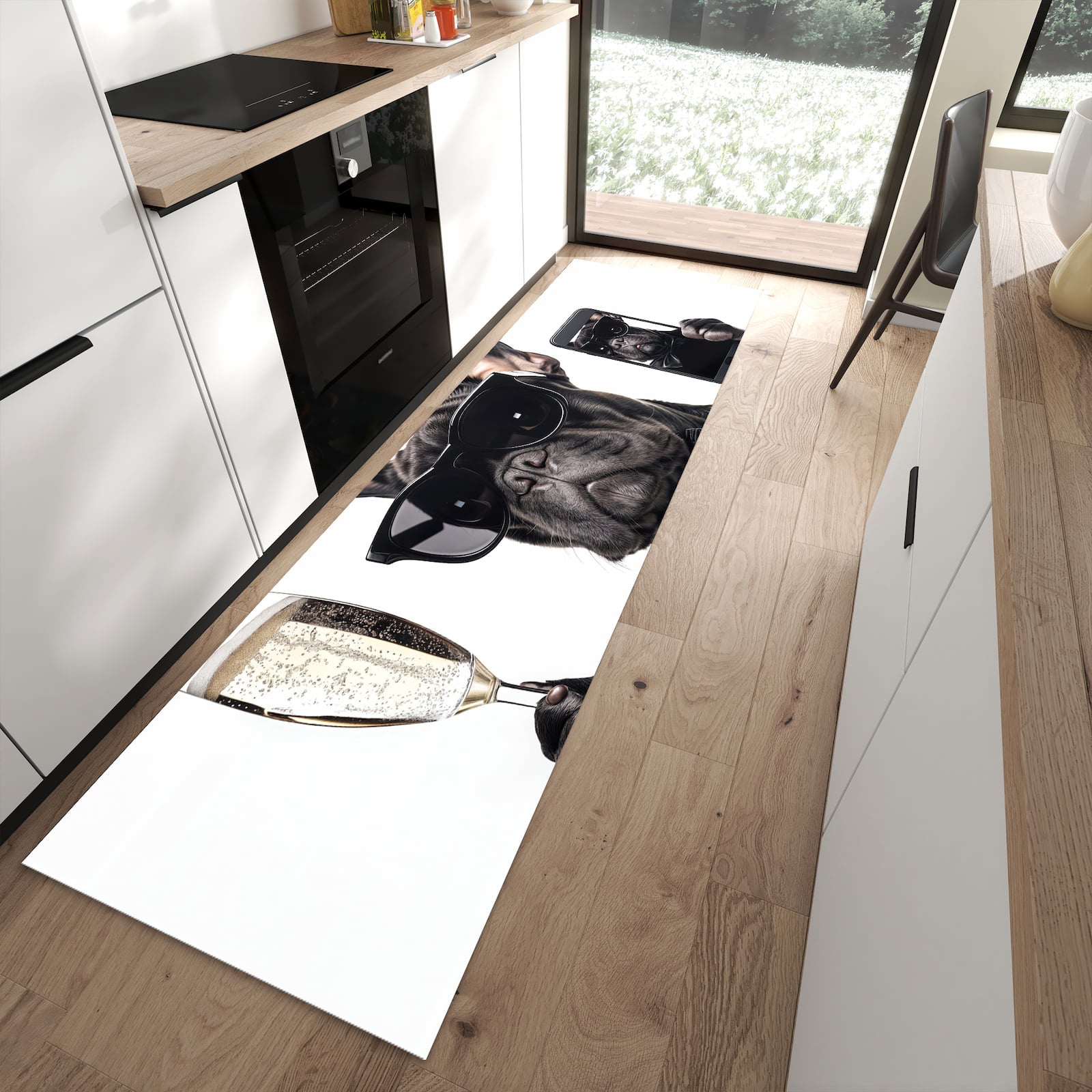 Waschbarer dünner Küchenteppich mit Motiv Sonnenbrillenhund in moderner Küche