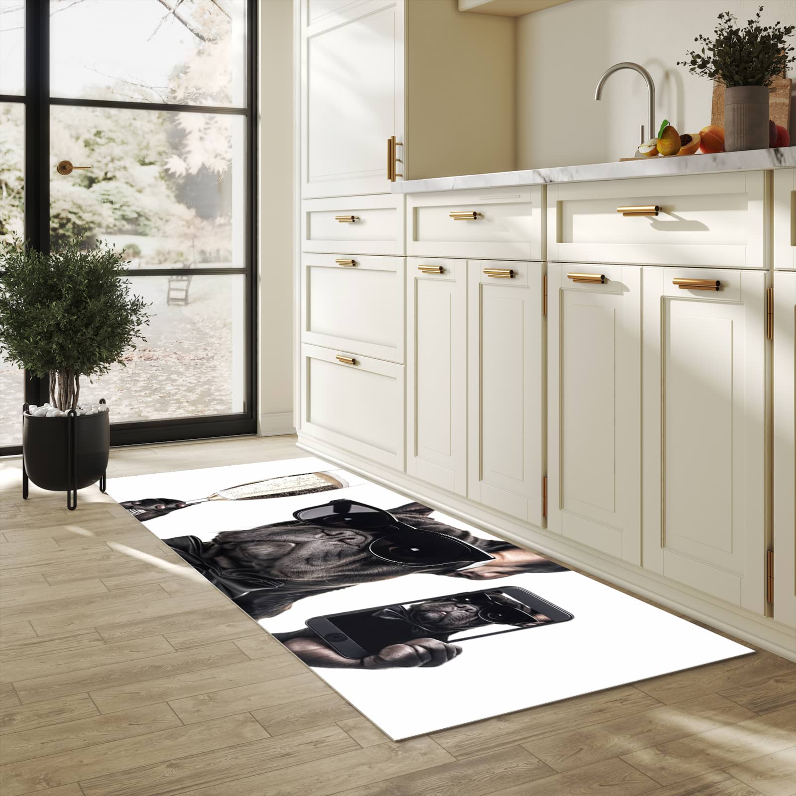 Komfortabler Küchenläufer mit Motiv Sonnenbrillenhund in heller Küche