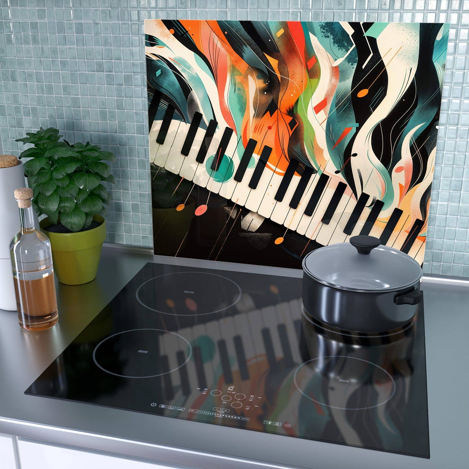 1-teilige Abdeckplatte Ceranfeld mit Farben Klavier-Motiv als Spritzschutz hinter dem Kochfeld