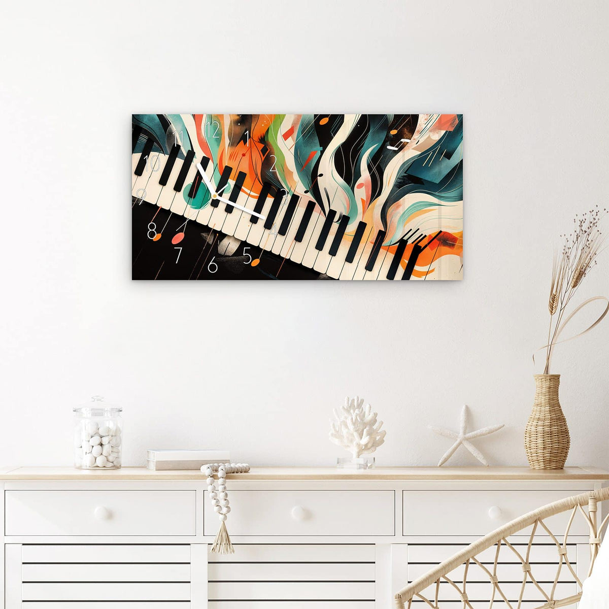 Wanduhr Farben Klavier aus Glas – Querformat 60 × 30 cm – Klaviertasten in bunten Farbwellen