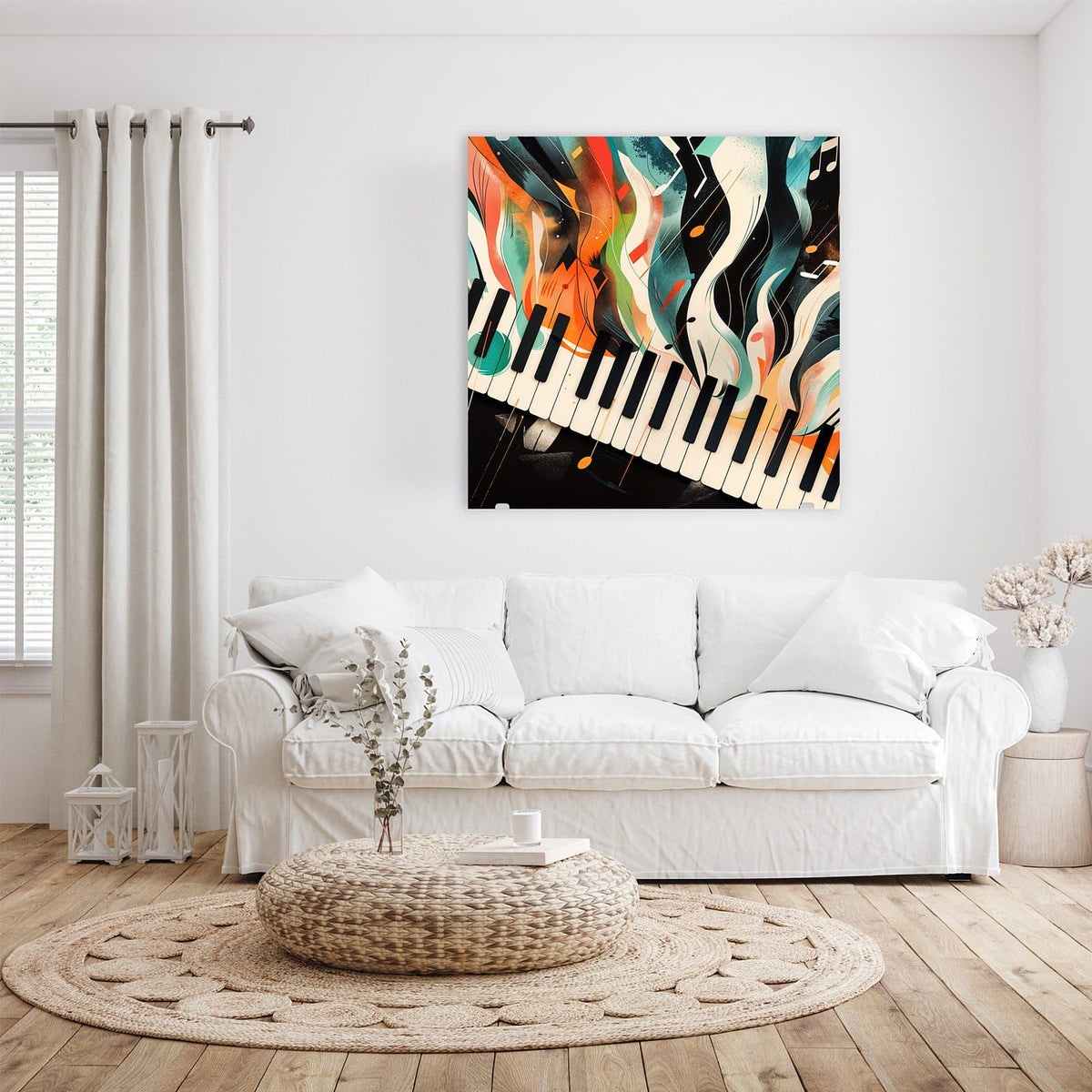 Glasbild Klavier in Farbwellen an der Wand – Klaviertastatur von schräg oben, darüber bunte Farbwellen und einzelne Notenzeichen