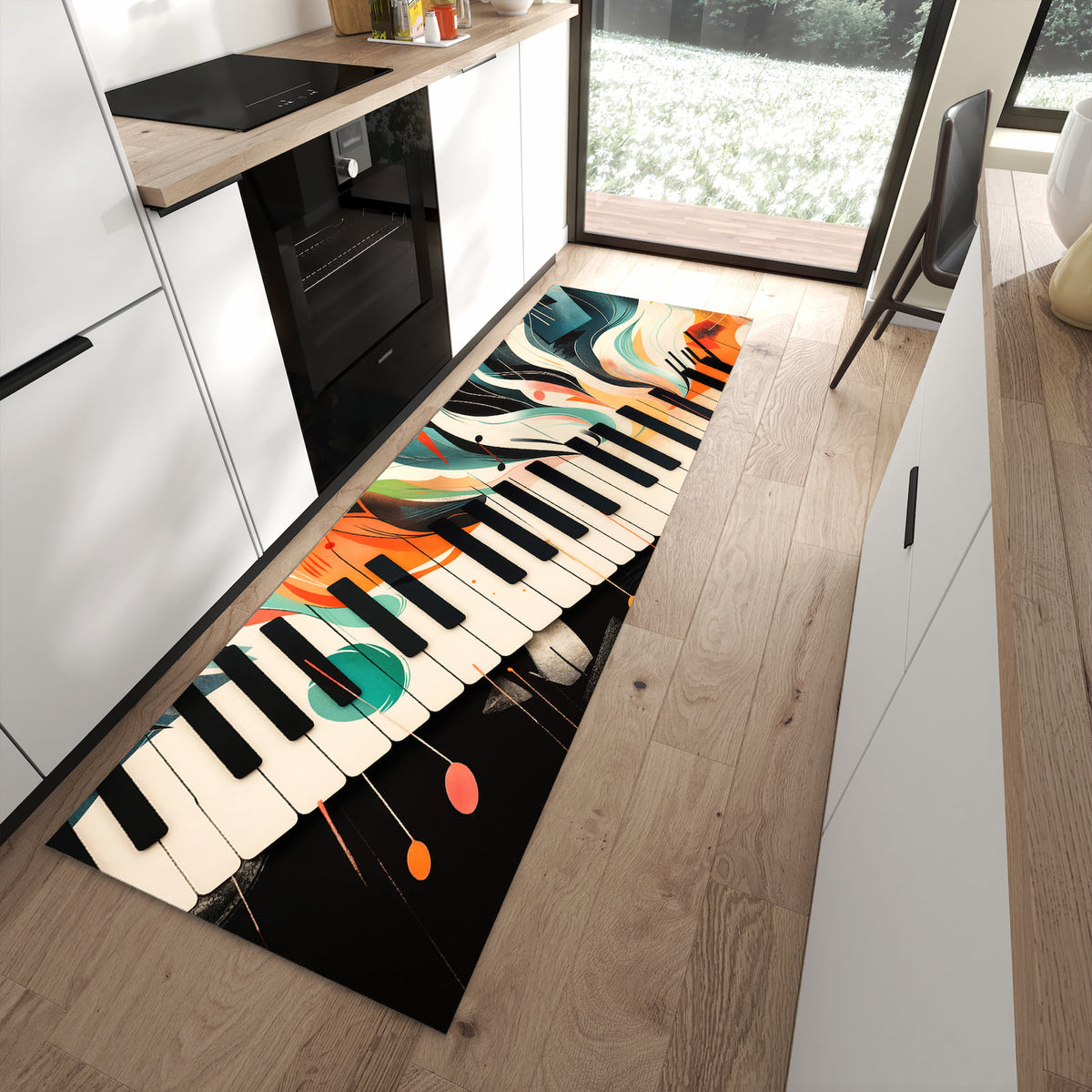 Langlebiger Küchenläufer mit Motiv Farben Klavier in moderner Küche