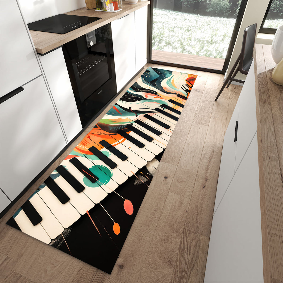 Rutschfester Küchenläufer mit Motiv Farben Klavier in moderner Küche