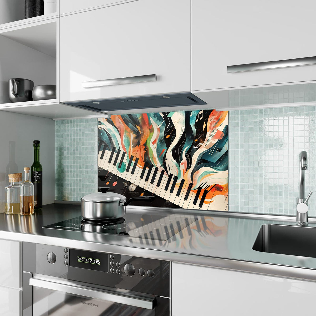 Küchenrückwand aus Glas Klavier in Farbwellen im Hochformat als Spritzschutz hinter dem Kochfeld, über dem Fliesenspiegel montiert