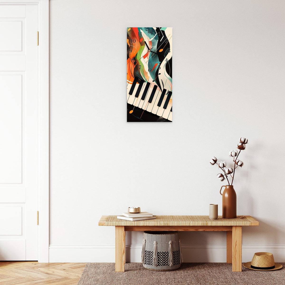 Moderne Wanduhr aus Glas mit Farbtiefe – Wanduhr Farben Klavier aus Glas – Hochformat 30 × 60 cm