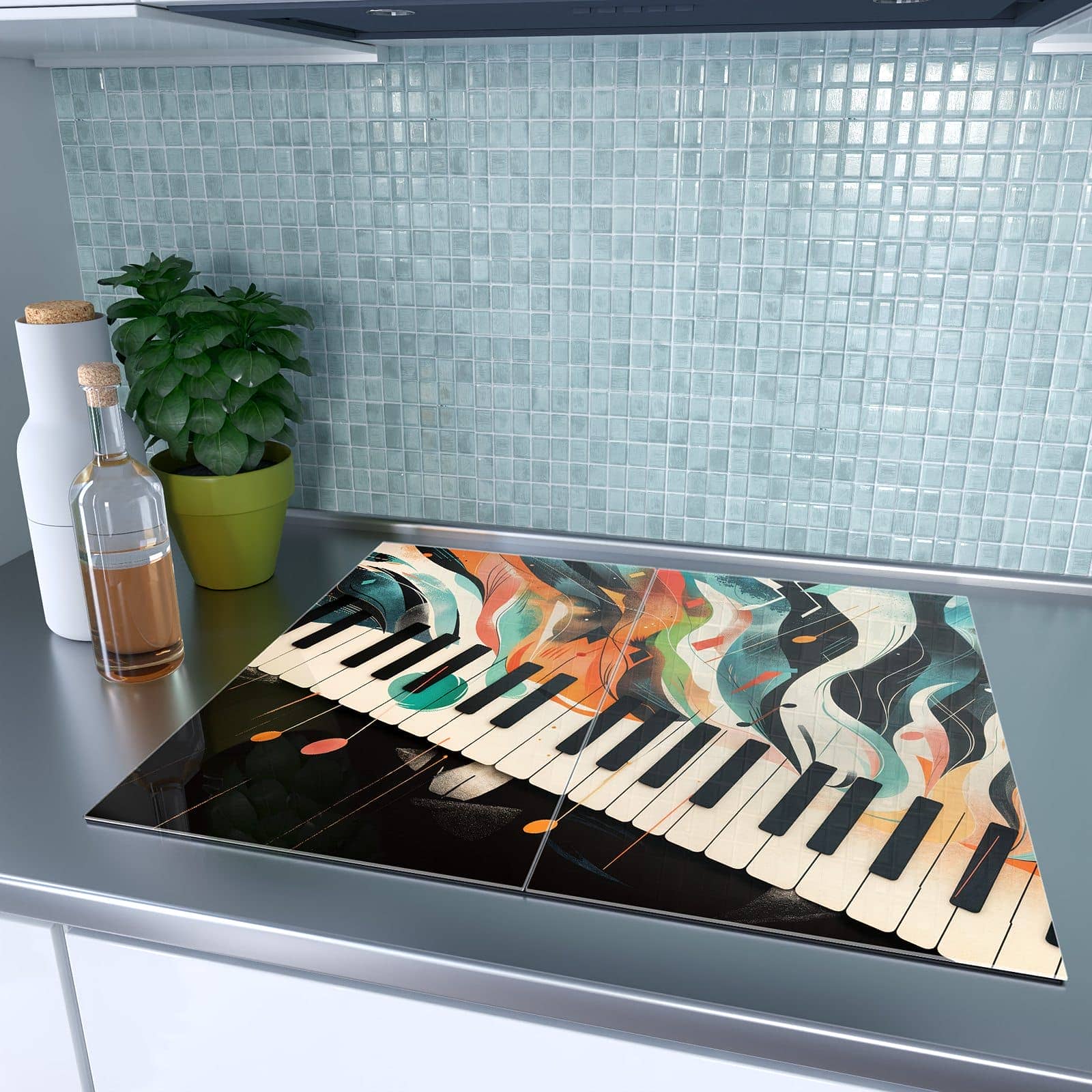 2-teilige Deckplatte aus Glas mit Farben Klavier-Motiv auf dem Ceranfeld