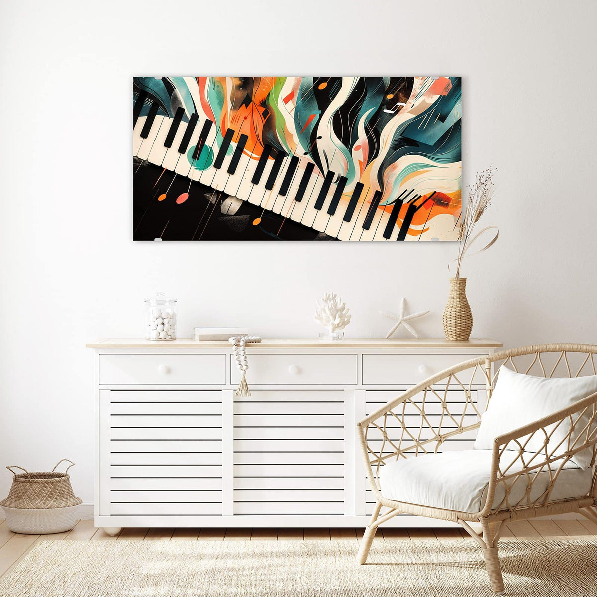 Echtglas, 4 mm – kein Acryl, keine Folie – Wandbild - Klavier in Farbwellen - Querformat