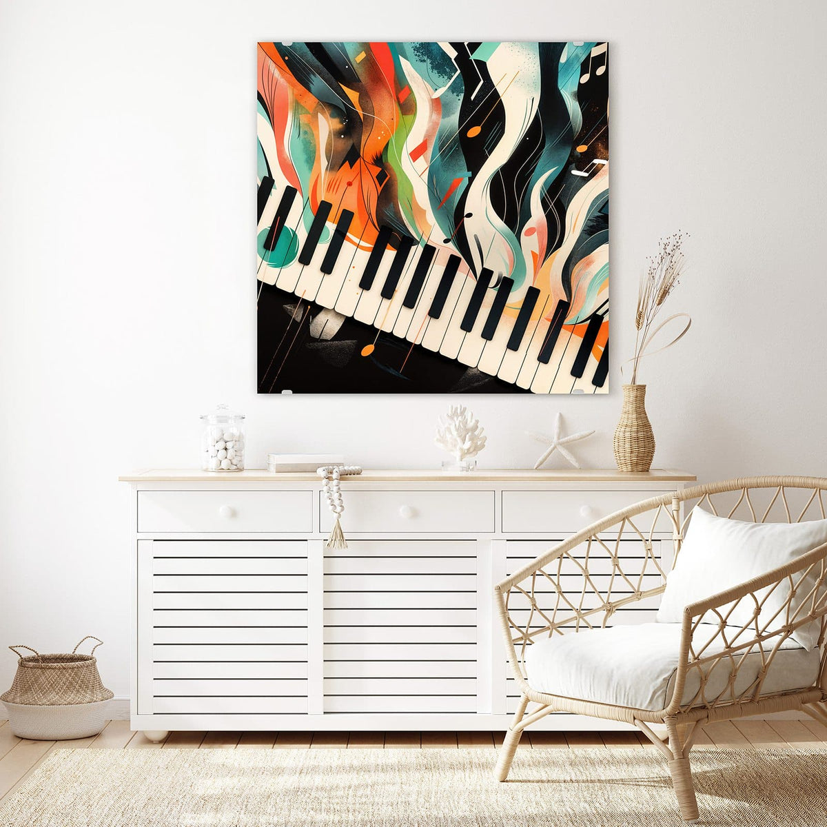 Echtglas, 4 mm – kein Acryl, keine Folie – Wandbild - Klavier in Farbwellen - Quadratisch