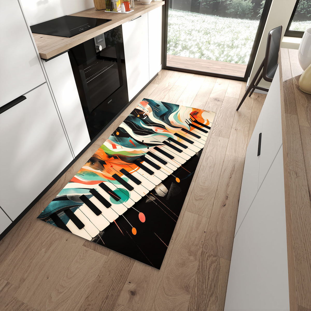 Bodenschonender Küchenteppich mit Motiv Farben Klavier in moderner Küche
