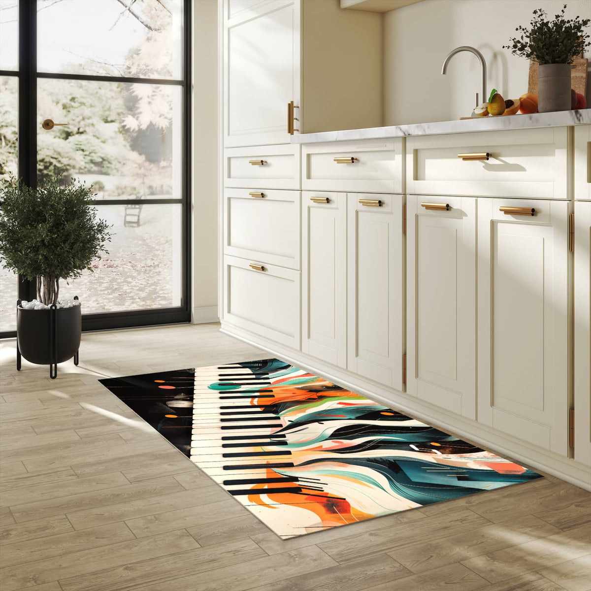 Waschbarer rutschfester Küchenteppich mit Motiv Farben Klavier in heller Küche