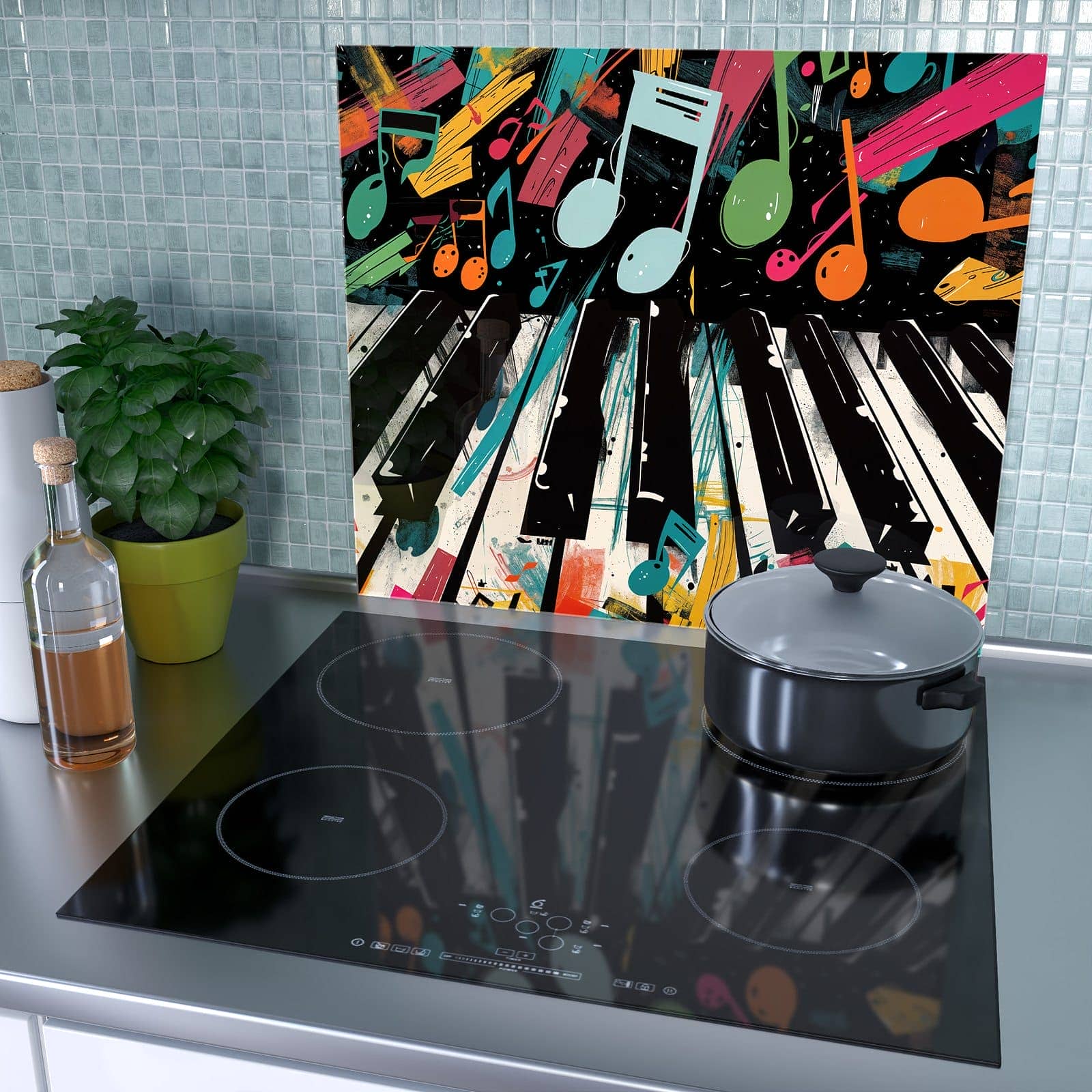 1-teilige Herdabdeckplatte mit Musiknoten Klavier-Motiv als Spritzschutz hinter dem Kochfeld