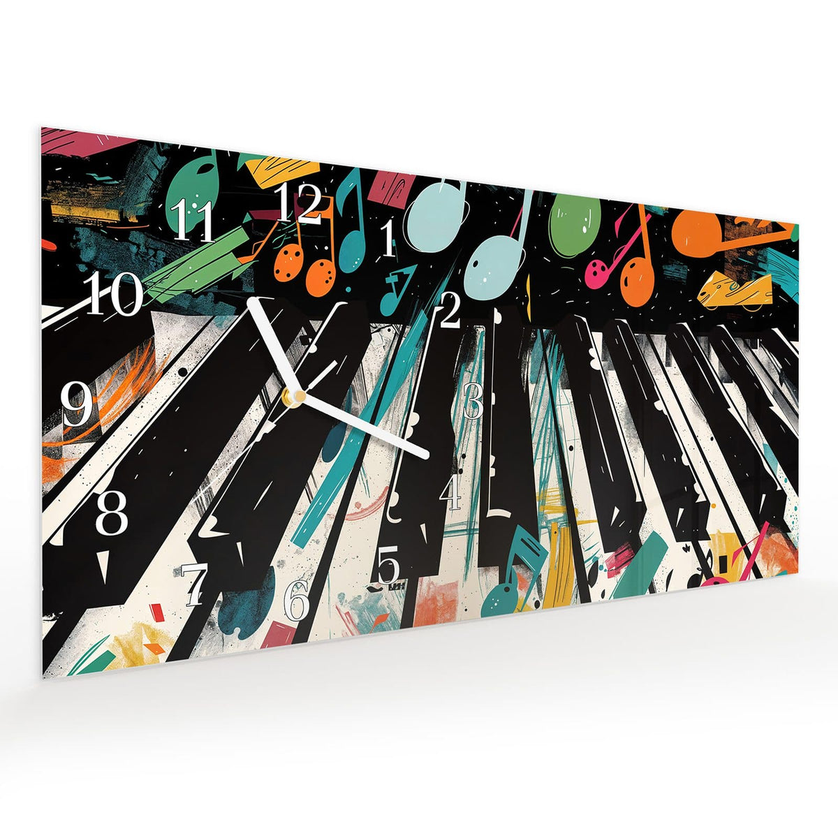 Vormontiert – mit Schwebeeffekt – Wanduhr Musiknoten Klavier aus Glas – Querformat 60 × 30 cm
